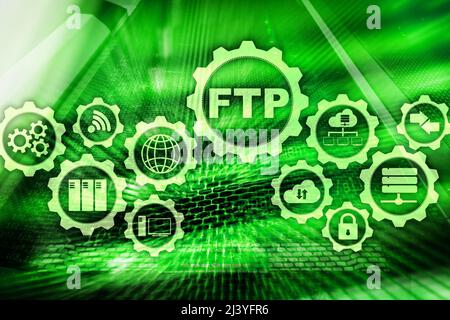 FTP. File Transfer Protocol. Network Transfer data to server on supercomputer background. Stock Photo