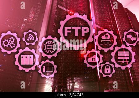 FTP. File Transfer Protocol. Network Transfer data to server on supercomputer background Stock Photo