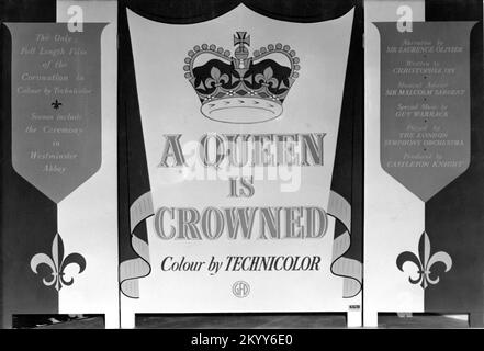 Cinema Lobby Display for the Technicolor Feature Length Documentary of the Coronation of Queen Elizabeth II on 2nd June 1953 A QUEEN IS CROWNED 1953 narrator LAURENCE OLIVIER writer Christopher Fry producer Castleton Knight The Rank Organisation / General Film Distributors (GFD) Stock Photo