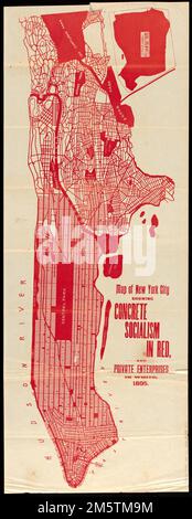 Map of New York City showing concrete socialism in red, and private enterprises in white, 1895. Covers Manhattan, Bronx west of the Bronx River, and Pelham Bay Park. Inset: Extension showing Pelham Bay Park. Detached from Government ownership in production and distribution / by Walter Vrooman. Baltimore: Patriotic Literature Publishing Co., 1895.... , New York  , New York  , Manhattan New York  , New York  , Bronx Stock Photo