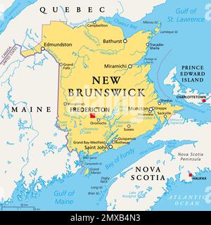 New Brunswick, Maritime and Atlantic province of Canada, political map. Bordered to Quebec, Nova Scotia, Gulf of St. Lawrence, Bay of Fundy and Maine. Stock Photo