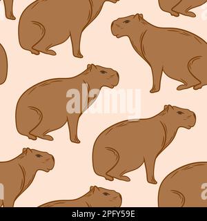 Hand drawn seamless pattern of cute capybara animal in beige brown on white background. Wild wildlife nature, zoo zoology animal mascot, rodent silhouette furry species, simple minimalist line design. Stock Photo