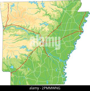 High detailed Arkansas physical map. Stock Vector