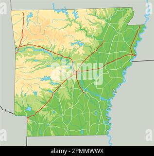 High detailed Arkansas physical map. Stock Vector