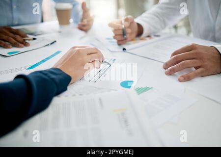 Strategy, planning and hands on documents for tax audit report or financial statement for startup business. Accounting, paperwork and meeting for finance target, goals or research analysis in office. Stock Photo