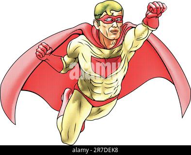 Illustration of  super hero dressed in red and yellow costume and cape flying. Has color haftone style for traditional comic book art look. Stock Vector