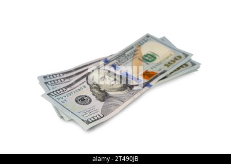 Pile of new design US dollar bills isolated on white background. Hundreds of dollar cash banknotes. Business, finance, bank, currency, economy, wealth Stock Photo