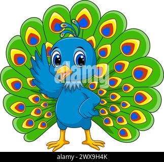 Cartoon funny peacock on white background Stock Vector