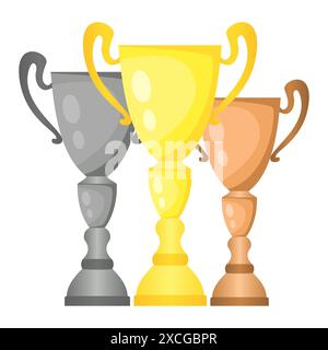 Set of vector trophy champion cups in gold, silver and bronze. Championship prizes for first, second and third place. Victory symbols isolated on whit Stock Vector