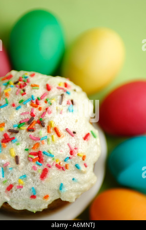 Easter cake and colorful Easter eggs Stock Photo