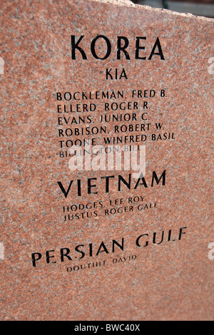 War memorial on grounds of Hall County Courthouse in Memphis Texas listing names of local men who were killed in action Stock Photo