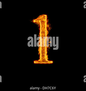 Fire alphabet number 1 one isolated on black background. Stock Photo