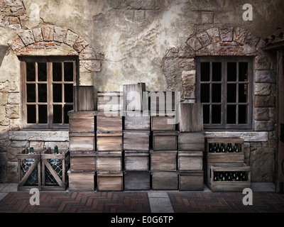 Wine bottles and wooden crates standing at the wall outside of an old Italian house Stock Photo