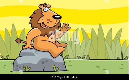 A happy cartoon lion in the jungle. Stock Vector