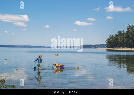 Boy with disabled dog walking in a lake, USA Stock Photo