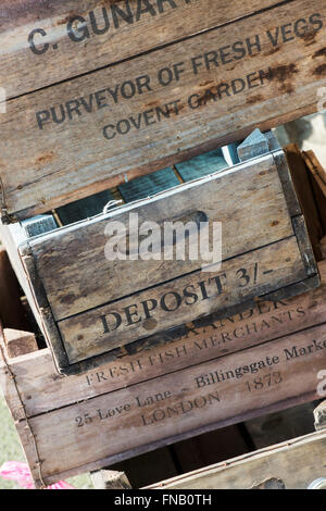 Old london vintage wooden crates. Stow on the wold, Cotswolds, England Stock Photo