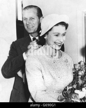 Queen Elizabeth II with the Duke of Edinburgh visiting Schefferville, Quebec, during her tour of Canada. Stock Photo