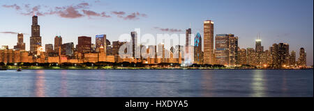 Chicago Skyline at dusk across Lake Michigan Stock Photo