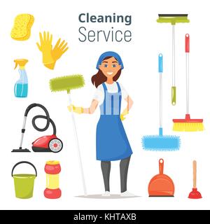 Vector cartoon style illustration of cleaning service woman character. Housekeeping icons. Isolated on white background. Stock Vector