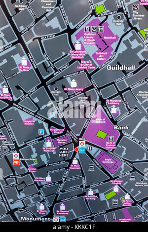 England, London, City of London, Street Map of The Bank of England and Guildhall Area Stock Photo