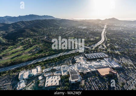 Thousand Oaks, California, USA - March 26, 2018:  Aerial view of Thousand Oaks, Newbury Park, the Oaks Mall and the Santa Monica Mountains near Los An Stock Photo