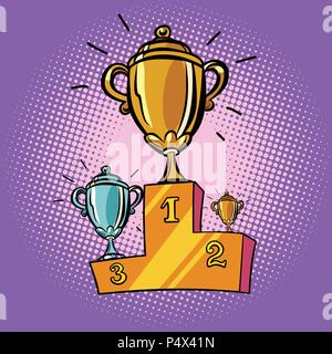 cups winner, first second third place pedestal. Sports champions Stock Vector