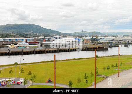 BELFAST, NI - JULY 14, 2016: Docks at the Titanic Quarter, Northern Ireland.  Belfast Harbour, known as Queen's Island until 1995 Stock Photo