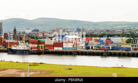 BELFAST, NI - JULY 14, 2016: Docks at the Titanic Quarter, Northern Ireland.  Belfast Harbour, known as Queen's Island until 1995 Stock Photo