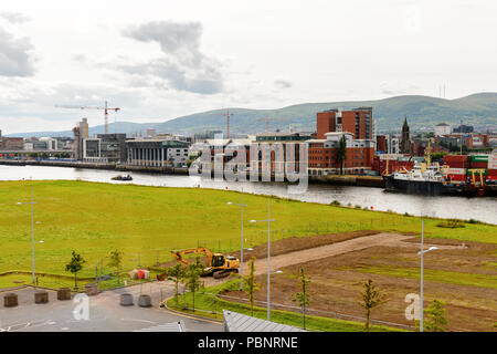 BELFAST, NI - JULY 14, 2016: Docks at the Titanic Quarter, Northern Ireland.  Belfast Harbour, known as Queen's Island until 1995 Stock Photo