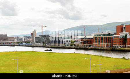 BELFAST, NI - JULY 14, 2016: Docks at the Titanic Quarter, Northern Ireland.  Belfast Harbour, known as Queen's Island until 1995 Stock Photo