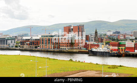 BELFAST, NI - JULY 14, 2016: Docks at the Titanic Quarter, Northern Ireland.  Belfast Harbour, known as Queen's Island until 1995 Stock Photo