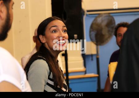 New York, NY USA. 08 Aug, 2018. Democratic primary winner Alexandria Ocasio-Cortez, the progressive darling of American politics, takes questions from concern constituents in the Parkchester section of The Bronx, New York on August 8, 2018. Ocassio-Cortez listened to and addressed concerns of constituents in the NY-14  congressional district, the seat that she she hopes to represent in the U.S. Congress. © 2018 G. Ronald Lopez/DigiPixsAgain.us/Alamy Live News Stock Photo