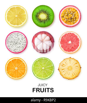 Isolated fruits slices. Pieces of lemon, kiwi, passion fruit, dragon fruit, mangosteen, grapefruit, orange, lime and pineapple isolated on white backg Stock Photo