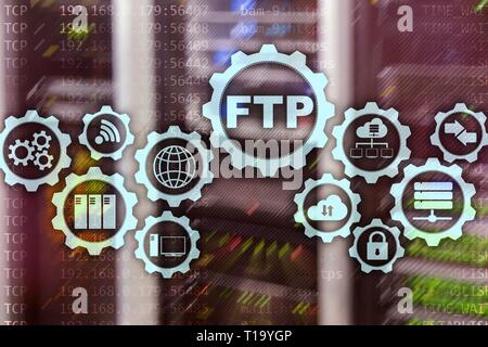 FTP. File Transfer Protocol. Network Transfer data to server on supercomputer background. Stock Photo