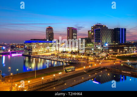 MediaCityUK at night in Salford Quays, Manchester, England, United Kingdom, Europe Stock Photo