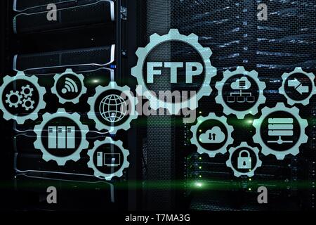 FTP. File Transfer Protocol. Network Transfer data to server on supercomputer background. Stock Photo