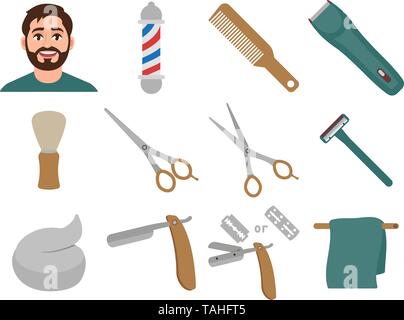 Barber Shop set of icons in cartoon style, haircut and shave, shavette, barber pole, hair clipper, etc. vector illustration Stock Vector