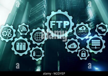 FTP. File Transfer Protocol. Network Transfer data to server on supercomputer background. Stock Photo