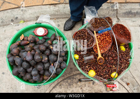 Local woman selling snacks: nuts, figs and edible grasshoppers (chapulines of various flavours) from a bucket. Cholula, near Puebla, Mexico. Jun 2019 Stock Photo