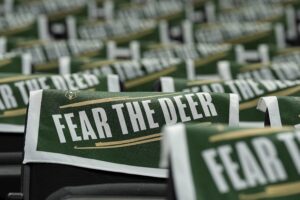 Apr 30, 2024; Milwaukee, Wisconsin, USA; Towels hang on seats prior to game five of the first round for the 2024 NBA playoffs between the Indiana Pacers and Milwaukee Bucks at Fiserv Forum. Mandatory Credit: Jeff Hanisch-USA TODAY Sports