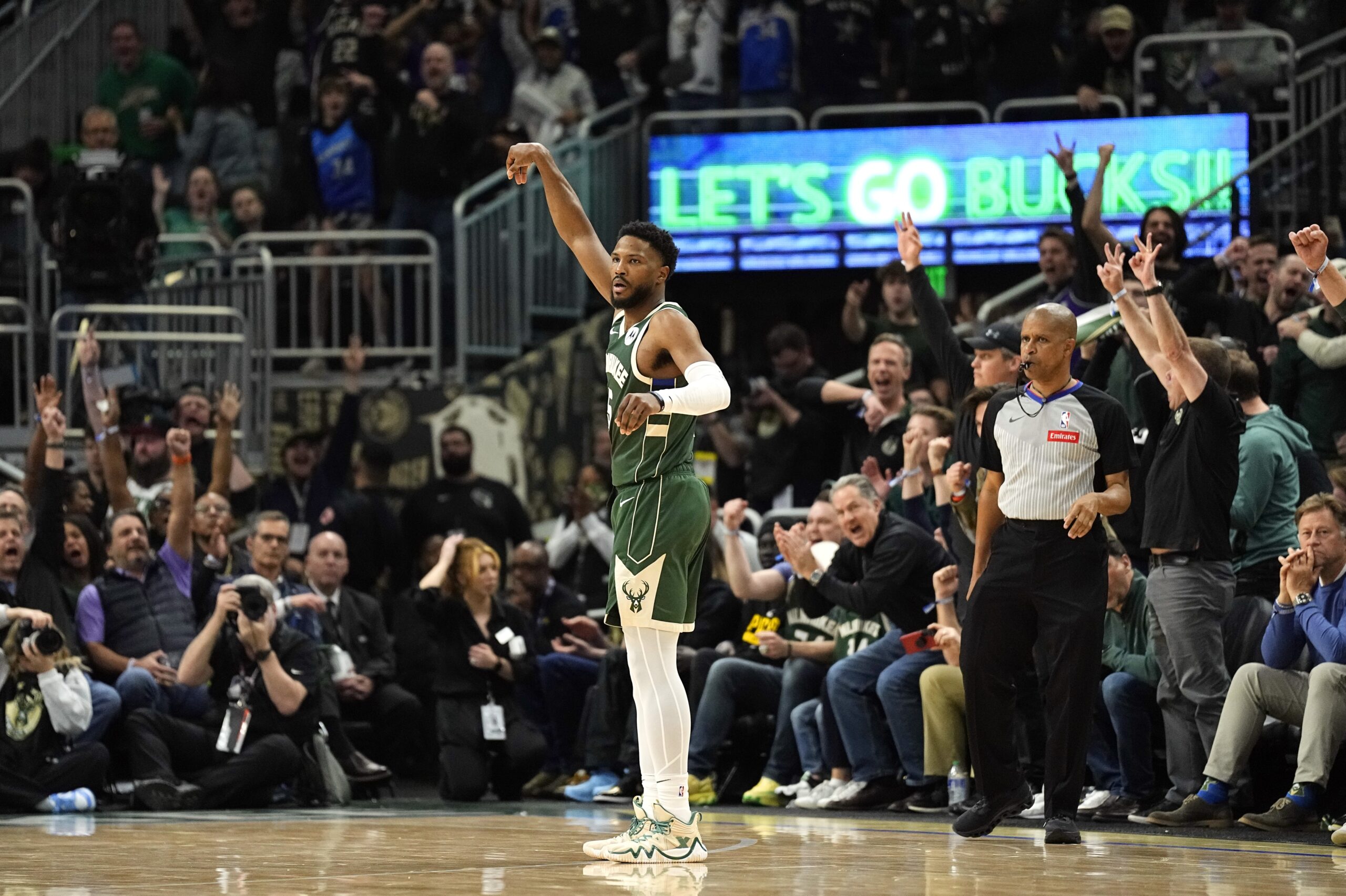 Milwaukee Bucks guard Malik Beasley (5) reacts after scoring a basket during the third quarter against the Indiana Pacers during game five of the first round for the 2024 NBA playoffs at Fiserv Forum.