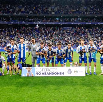 Os jogadores do Espanyol no gramado com os cachorros para adoção / Twitter: @RCDEspanyol