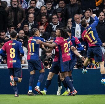 Os craques do Barça comemoram a goleada no clássico do Bernabéu, pela LaLiga (0-4) / Foto: Ricardo Nogueira