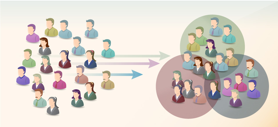 A chart shows a mixed group of people on the left with arrows pointing to the same people sorted into a Venn diagram on the right. 