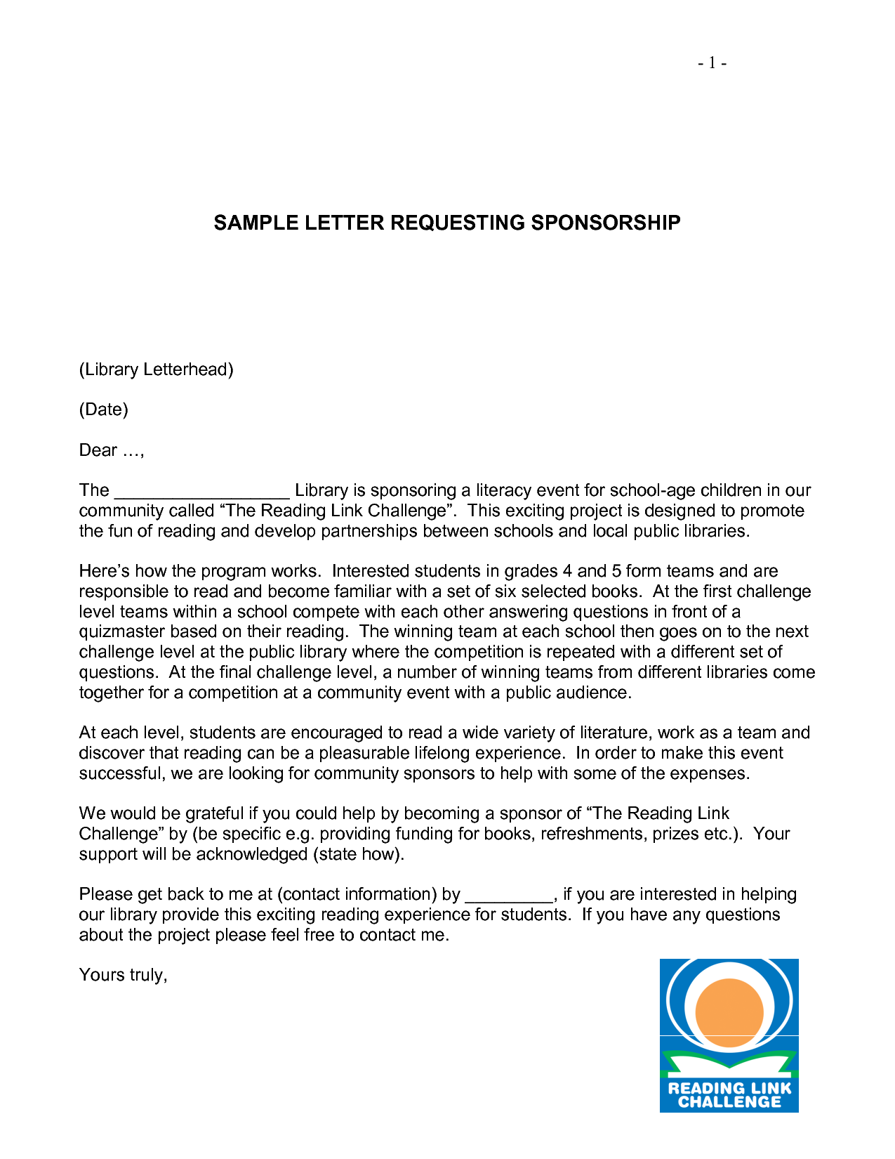 Sample sponsorship letter for Reading Link Challenge