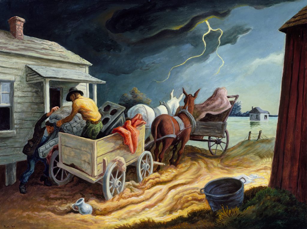 A painting of a house and a wagon at the edge of floodwaters. Two men load a stove and bedding into the wagon, which is hitched to two horses facing the water. There are lightning bolts and dark clouds in the sky, and a flooded house in the background.