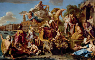 An oil painting depicting an outdoor scene in Venice, Italy. In the foreground a woman sits in a carriage that is being pulled by two winged lions. Above her are several figures that appear to be seated on a cloud. A man stands behind her and touches her shoulder. The woman and man are surrounded by figures wearing classical robes and armor. Several gondolas float on the canal in the background.