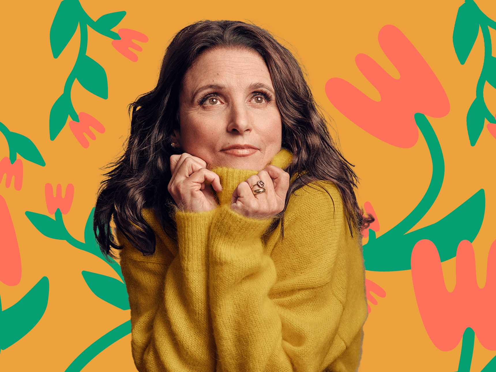 Wiser Than Me Podcast Season Two, Julia Louis-Dreyfus in front of abstract floral illustration