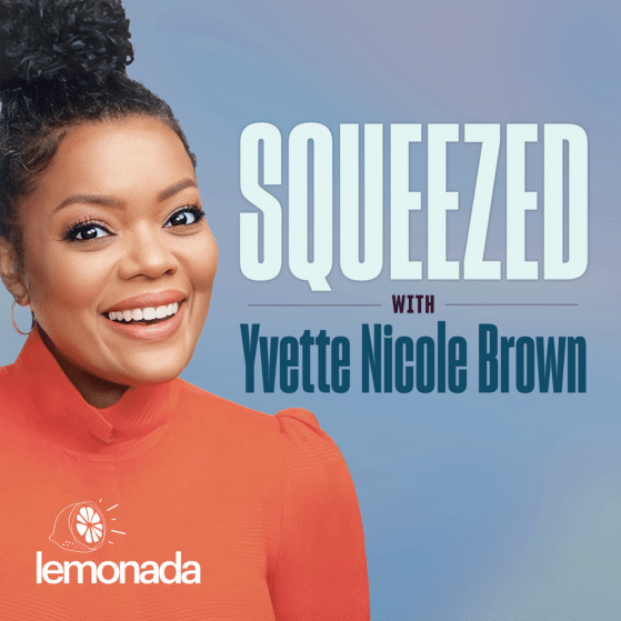 Yvette Nicole Brown in orange blouse, Podcast art for Squeezed