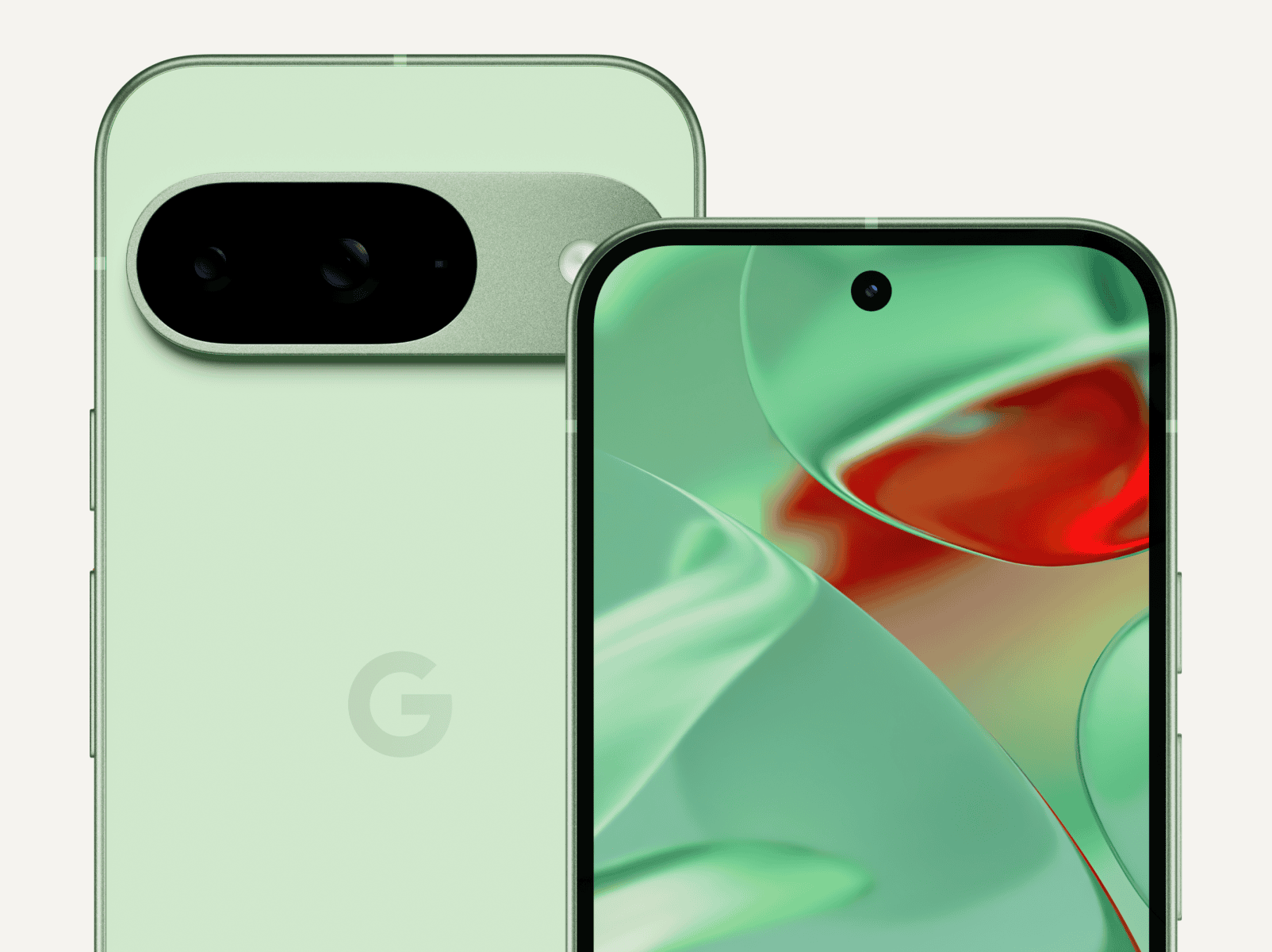 The front and back of Pixel 9 in Wintergreen color. The back shows off its upgraded camera bump, while the front shows off its brilliant display.